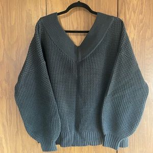 Zenana Gray off shoulder Wide Double V Neck Waffle Knit Sweater